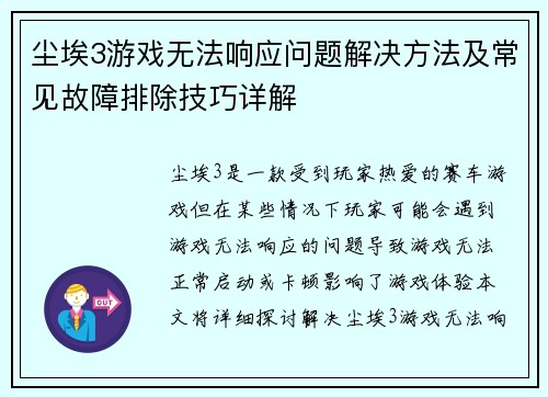 尘埃3游戏无法响应问题解决方法及常见故障排除技巧详解